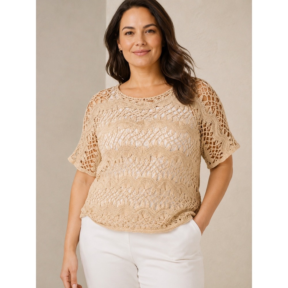 Chico's Open Knit Crochet Sweater Beige 3/4 Sleeve Boho Cover Up Size 0 (US 4/6)